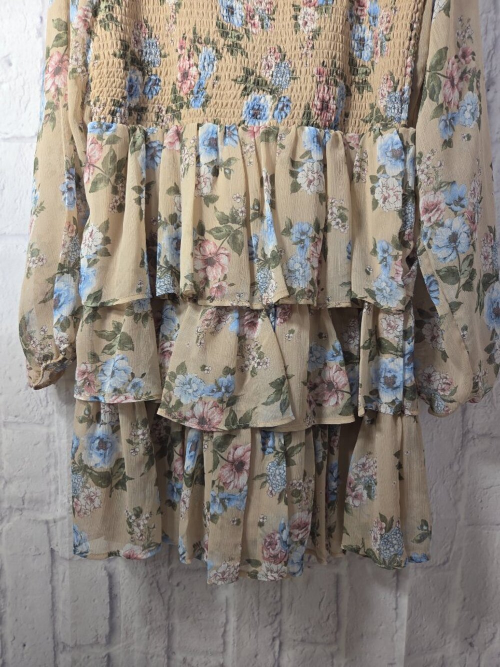 Madden NYC XL Beige Floral Smocked Mini Dress Peasant Boho Fairy Tiered Forest - Picture 4 of 9